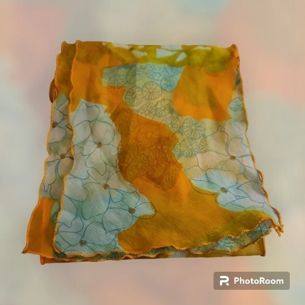 True Vintage Fairycore 1970s Orange Floral Chiffon Scarf
